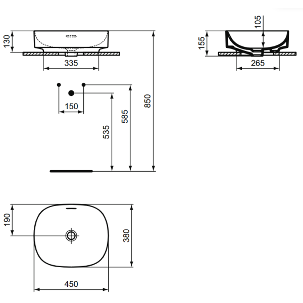 LINDA-X Umývadlo na dosku 45x38 cm s prepadovým otvorom, farba biela matná, T4399V1
