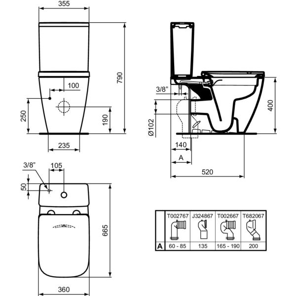 I.LIFE B WC kombi - misa stojacia RIMLESS+, s funkciou bidetu, 66x36 cm, T537101