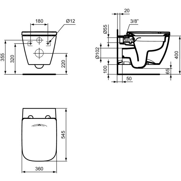 I.LIFE B WC závesné hranaté RIMLESS+, s funkciou bidetu, 54x36 cm, T534701
